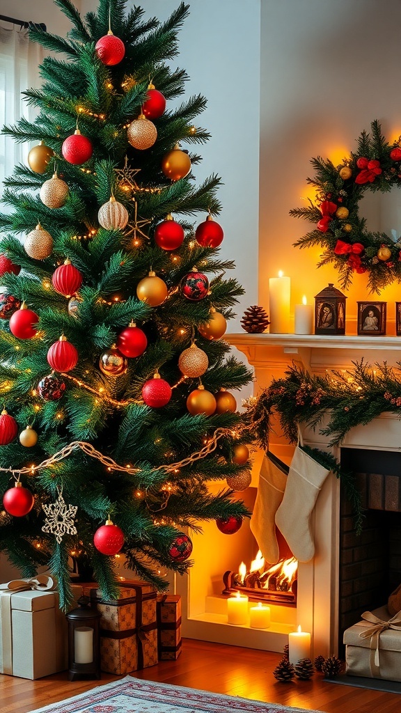 A festive Christmas background with a decorated tree, fireplace, and holiday decorations.